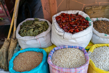 Sacks of legumes and spices. Photo of the Marrakech medina market.