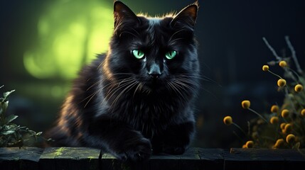 A hyper-detailed black cat with piercing green eyes, sitting on a hyper-realistic fence under the full moon on Halloween night