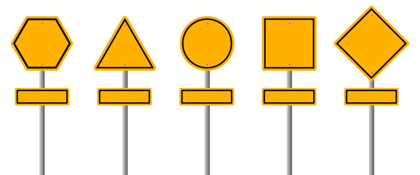 Set of blank yellow road sign. Empty traffic signs isolated on transparent background. Highway attention roadsign collection.