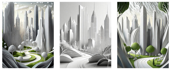 big city with white high-rise buildings and park area, white and green abstract skyline, 3D effect, paperwork, set of 3