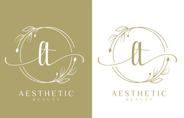 Letter LT Beauty Logo with Flourish Ornament - obrazy, fototapety, plakaty