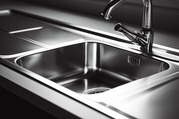 Stainless steel shiny perfectly clean kitchen sink with a tap. New modern house, clean kitchen. Plumber installed new sink. - obrazy, fototapety, plakaty