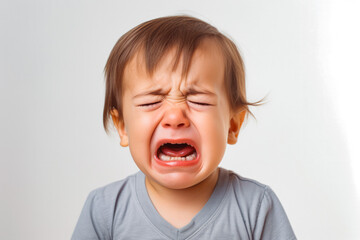Cute little baby, white, caucasian, crying and screaming isolated on white background. Close up. Sad and in pain.