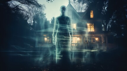 A ghostly figure superimposed on a haunted mansion, creating an ethereal and supernatural Halloween vibe