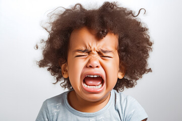 Cute little baby mixed race, afro american crying and screaming isolated on white background. Close up. Sad and in pain.