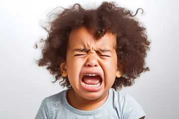 Fotobehang Cute little baby mixed race, afro american crying and screaming isolated on white background. Close up. Sad and in pain. © VisualProduction
