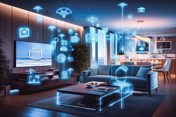 Concept art of a digital smart technology in a house, flat. Holograph. Modern living room with blue and white virtual reality interface and icons. - obrazy, fototapety, plakaty