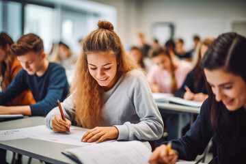 Obraz premium Group of students studying in the classroom. writing and learning on the desk. having an exam test. modern university.