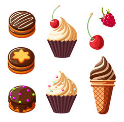 Set chocolate desserts and sweets isolated on white background. Sandwich cookies, ice cream, cupcake and berries logo vector cartoon illustration in eps 10