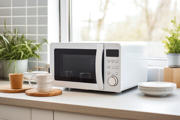 Modern white and black microwave in a house kitchen on the kitchen table. No people, window, sunny day. Kitchen appliance. Ready to cook.