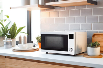 Modern white and black microwave in a house kitchen on the kitchen table. No people, window, sunny day. Kitchen appliance. Ready to cook.
