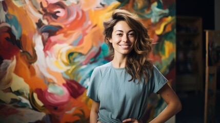 Portrait of a joyful artist in a studio, with a colorful canvas in the background.