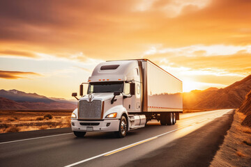 Obraz premium White cargo truck with a white blank empty trailer for ad on a highway road in the united states. beautiful nature mountains and sky. golden hour sunset. driving in motion.