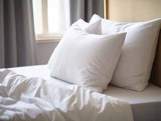 Comfortable bed with soft white pillows and bedding in bed
