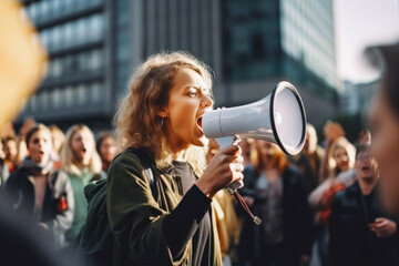 Woman shouting through megaphone on environmental protest in a crowd, big city. Fighting for environment, climate change, global warming. - obrazy, fototapety, plakaty