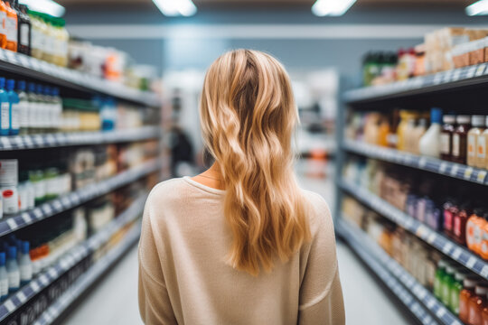 Beautiful young american woman shopping in supermarket and buying groceries and food products in the store. Photo taken from behind her back.