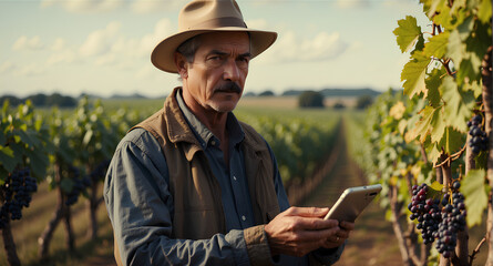 Winegrower with tablet PC checking grapes status in vineyard.