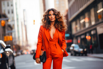 Business woman in vibrant red power suit walking down the street. Her hair flows freely in loose waves, elegant and sexy She carries a modern, stylish handbag.