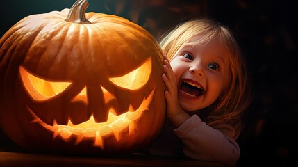 Realistic digital illustration mimicking high-quality stock photography, A close-up of a child's face illuminated by the warm glow of a carved pumpkin, showcasing excitement and wonder