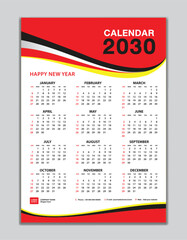 Wall calendar 2030 template, calendar 2030 design, red wave background, desk calendar 2030 design, Week start Sunday, flyer, Set of 12 Months, Week starts Sunday, organizer, planner, printing media