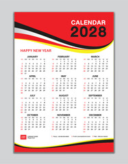 Wall calendar 2028 template, calendar 2028 design, red wave background, desk calendar 2028 design, Week start Sunday, flyer, Set of 12 Months, Week starts Sunday, organizer, planner, printing media