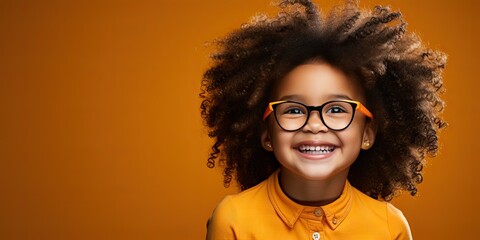 Young black girl wearing glasses on an orange background - obrazy, fototapety, plakaty