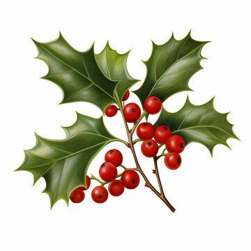 Holly branch with berries on white background