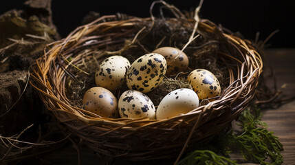 Obraz premium quail eggs in the nest created with Generative Ai