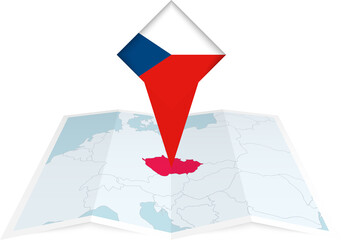 Czech Republic pin flag and map on a folded map - obrazy, fototapety, plakaty