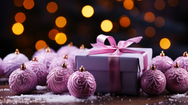 A Festive Gift Box with a Pink Ribbon and Ornaments.Generative AI
