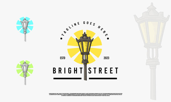  vintage bright street with lantern logo icon tamplate. retro street lamp hand drawn design illustration.