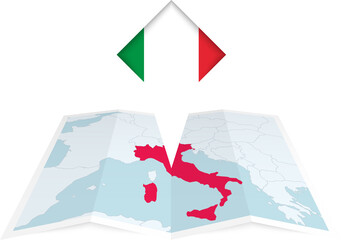 Italy pin flag and map on a folded map