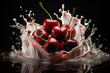Ripe juicy cherry in a splash of water on a black background. Generated by artificial intelligence