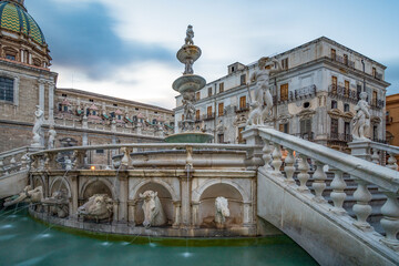 Pretoria fountain in the historic city center of Palermo, Italy - 689640523