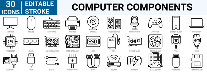 set of 30 line web icons computer components. PC, such as RAM memory, hdd, ssd cpu processor. Keyboard mouse headphone speakers, laptop monitor server. Webcam, printer. Editable stroke.