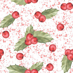 Watercolor painted illustration of red holly leaves and berries with splashes. Seamless pattern. Clipart for Christmas or New Year decor, gift wrapping, cover art, wallpaper. Isolated white background