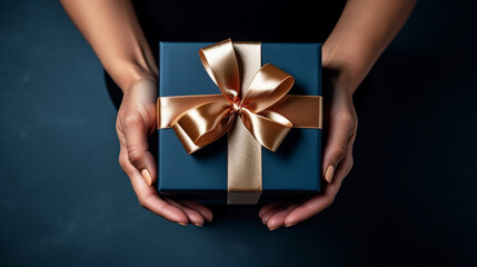 overhead view, womans hands holding a luxury gift box with gold large satin bow against a dark blue background created with Generative Ai