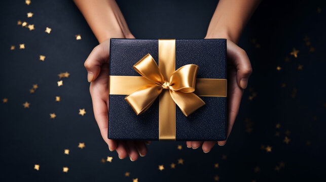 overhead view, womans hands holding a luxury gift box with gold large satin bow against a dark blue background created with Generative Ai