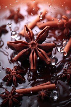 Anise, asian spice in splash of water. Closeup, macro shot. Ai Generative