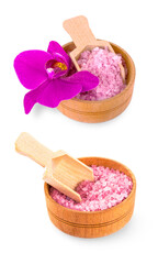 Set of Bath salt in a wooden cups isolated on a white background