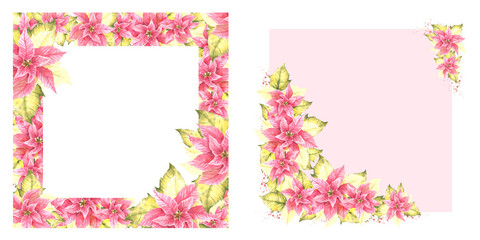 Watercolor painted corner frame set. Pink Poinsettia flowers leaves, flaming candles and splashes Illustration for Christmas, New Year card template, winter celebrate print. Isolated white background
