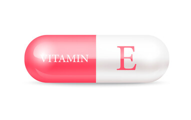 Capsule vitamin E (Thiamine) structure pink red, white. 3D Vitamin complex with chemical formula. Drug business concept. Personal care, beauty concept. Vector Illustration. transparent capsule pill.	
