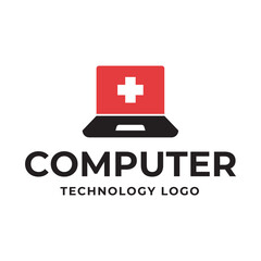 Computer logo design. Pc fix, repair, Computer maintenance service, software, Computer tech shop vector illustration isolated on white background