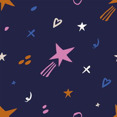 Hand drawn quirky doodles, naive childish sketch drawing scribbles seamless pattern. Colorful creative various shapes elements wallpaper. Creative repeatable background