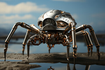 Artwork of a black spider made in liquid metal and black background. Generative AI.