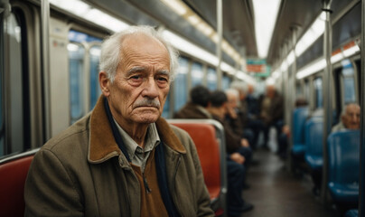 Elderly sad european man in public transport