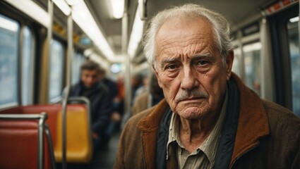Elderly sad european man in public transport