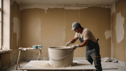 A construction worker adds plaster to a bucket and makes a plaster paste against the backdrop of a room being renovated