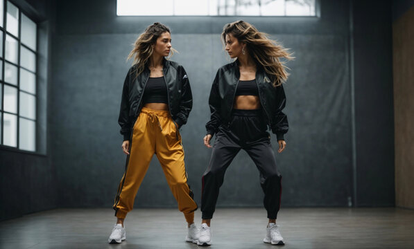 two italian stylish girls dressed in sports dark modern clothes are dancing in the studio