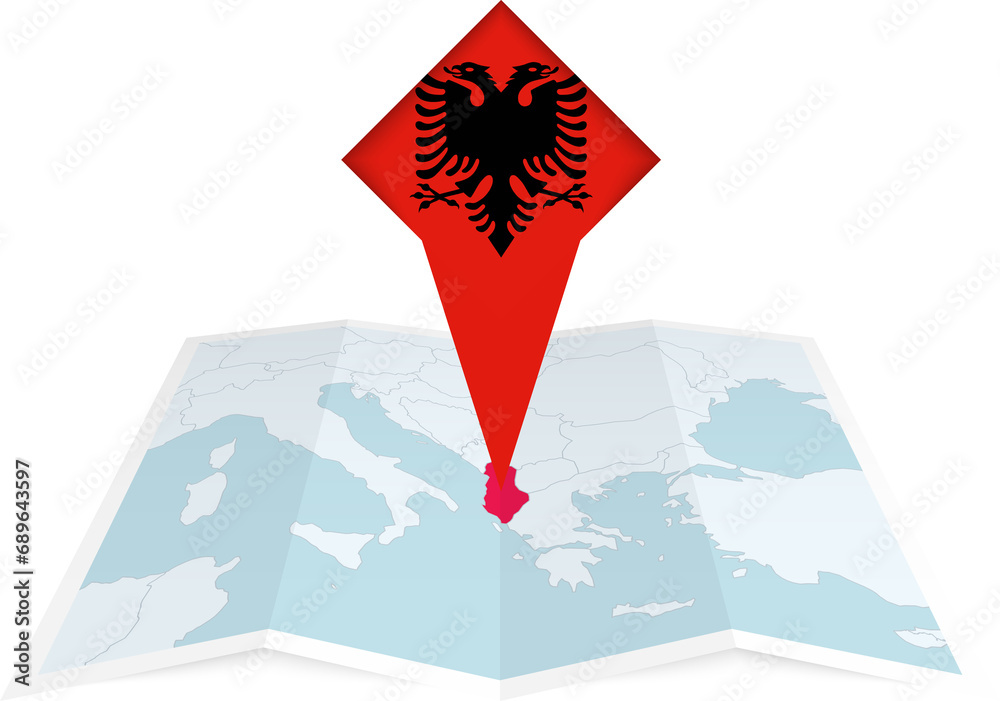 Sticker albania pin flag and map on a folded map